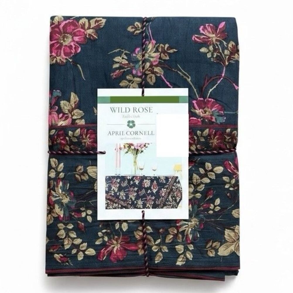 April Cornell Wild Rose Floral Tablecloth 70 inch Round Navy Magenta Cottage New